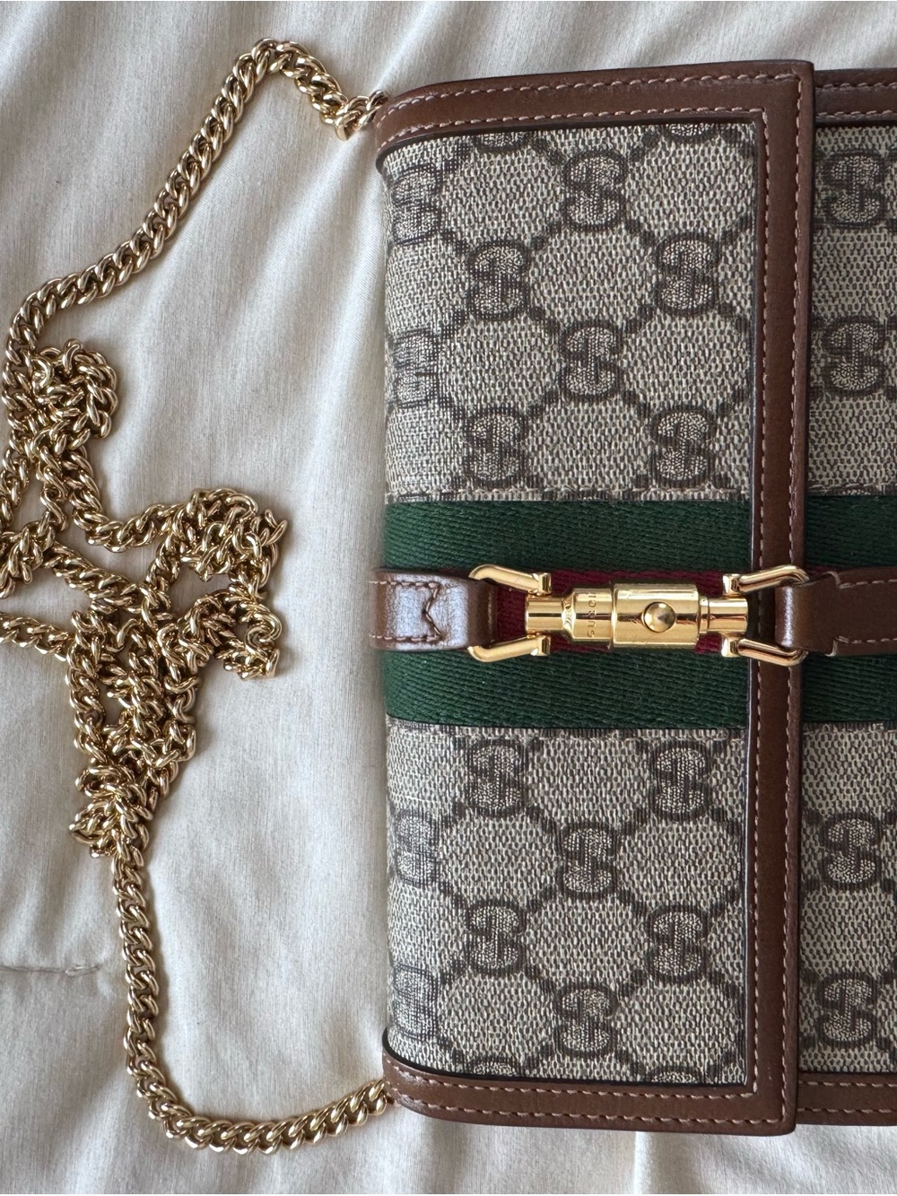Gucci Brown GG Canvas Shoulder Bag with Green Web and Gold Chain - Picture 1 of 7
